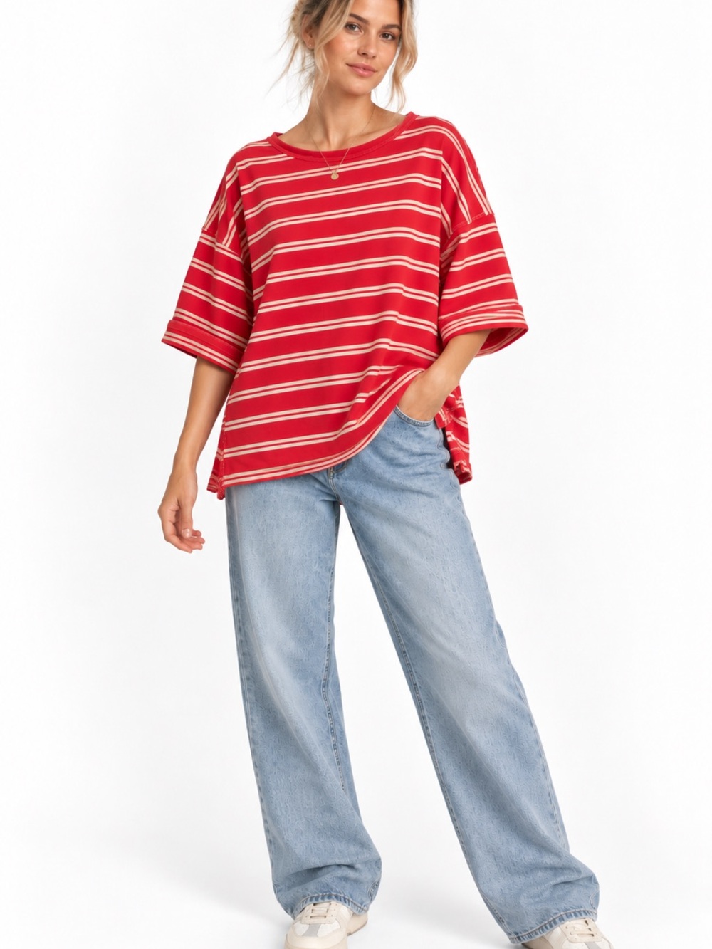 We The Free Free People Red Striped Heavyweight Cotton Pullover XL